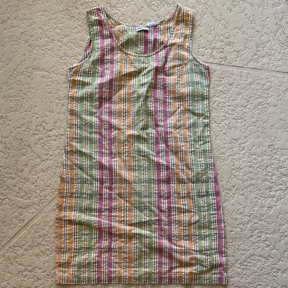 VTG Cotton Striped Green, Pink, and Tan Midi Dress - Picture 3 of 10